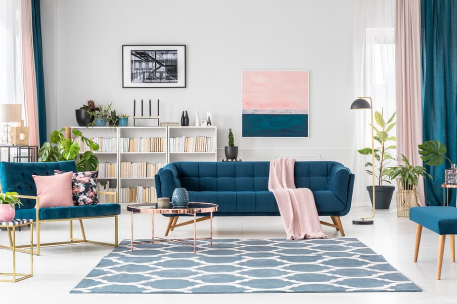 Mid Century Blue Couch Set in A Living Room