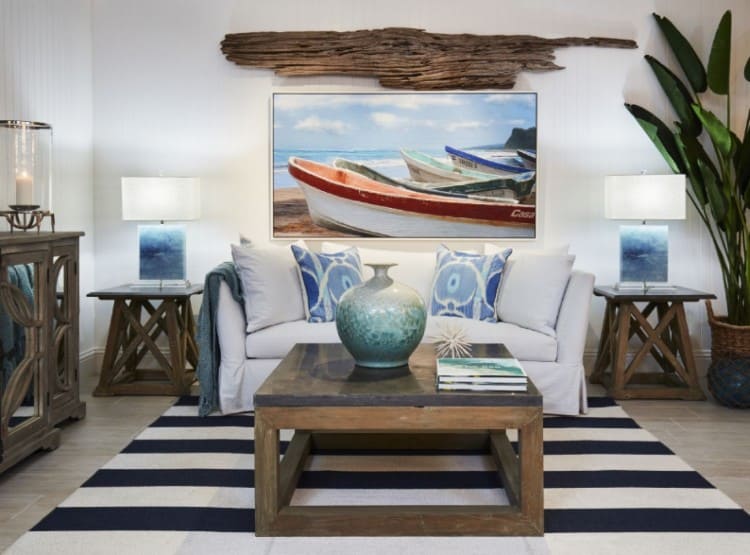 Dark, Hard Wood Floor for a Coastal Living Room 