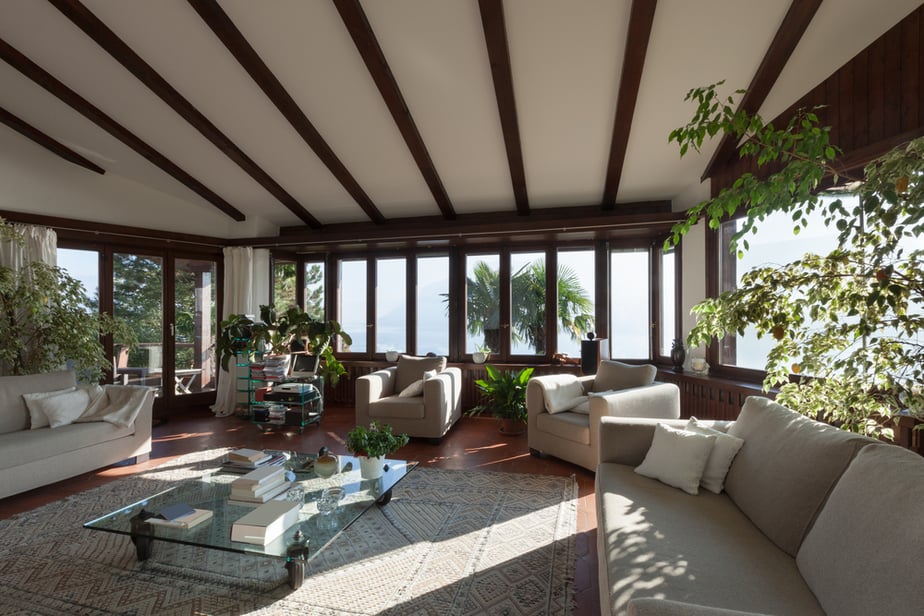 Optimum Open Living Room with Windowpane and Glass Doors
