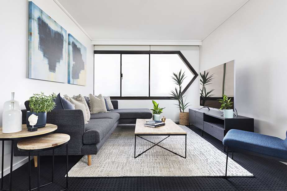 Fresh, Minimalist Grey and Blue Living Room