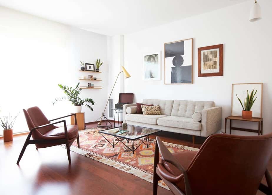 Soft Dark Wood Floor in Mid Century Living Room