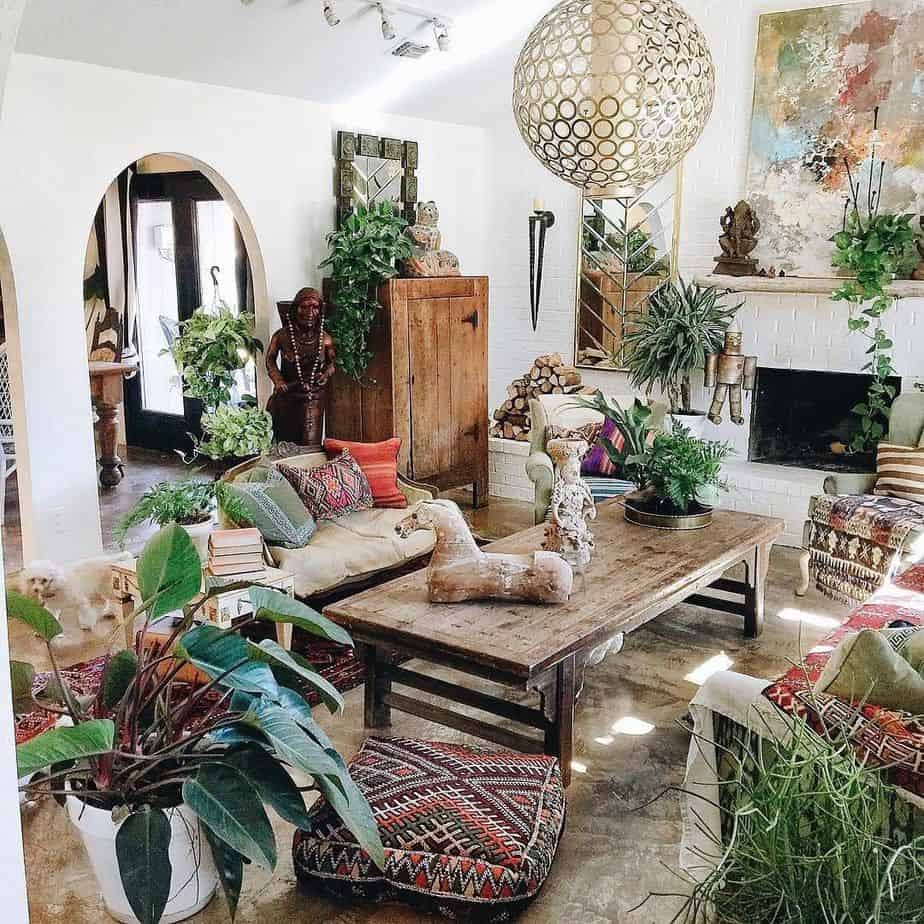 White-Painted Ordinary Fireplace in Bohemian Living Room