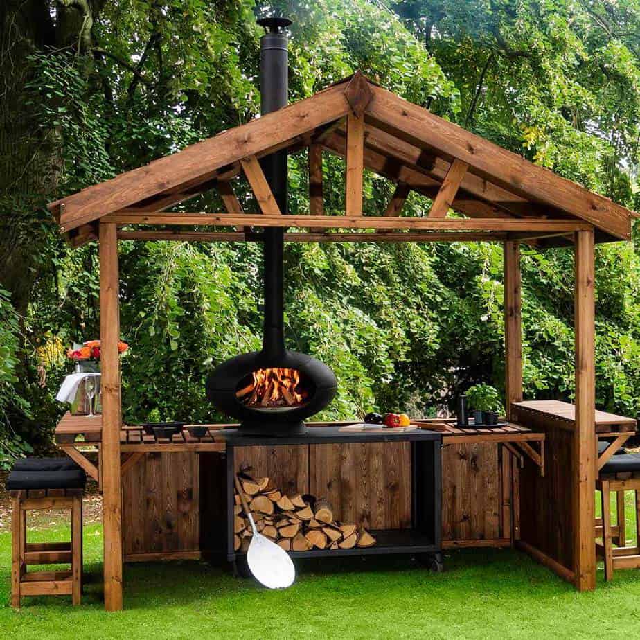 Outdoor Kitchen with Simple Fireplace