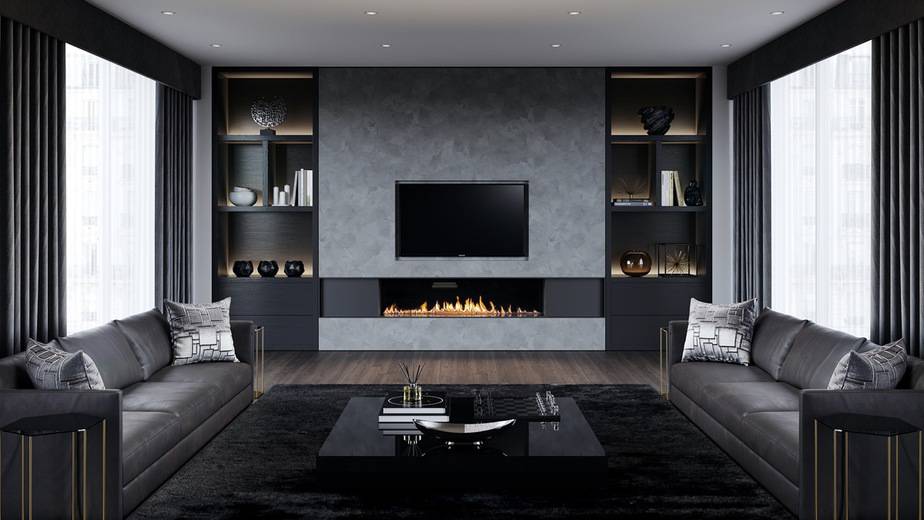 Modern Fireplace in Black and Grey Living Room