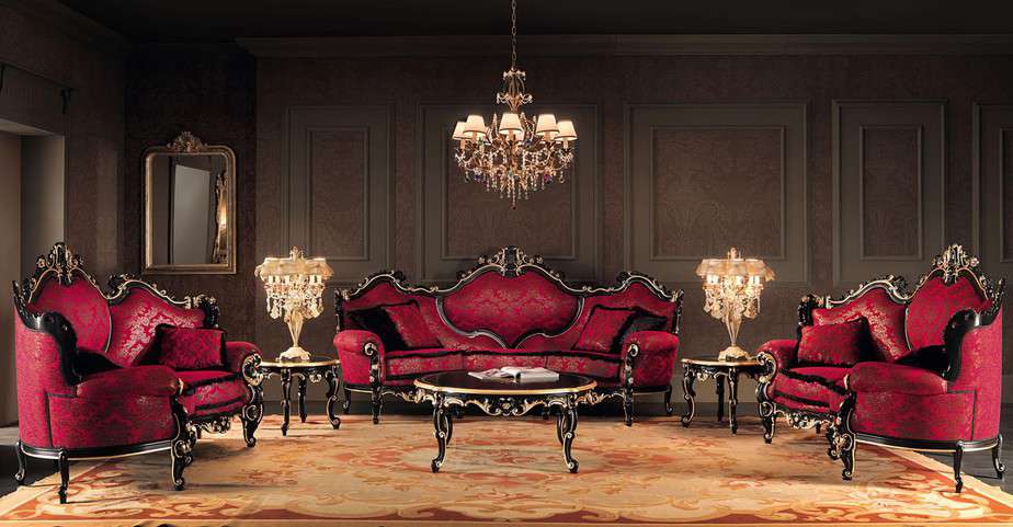 Classic Red Couch Set in Luxurious Living Room