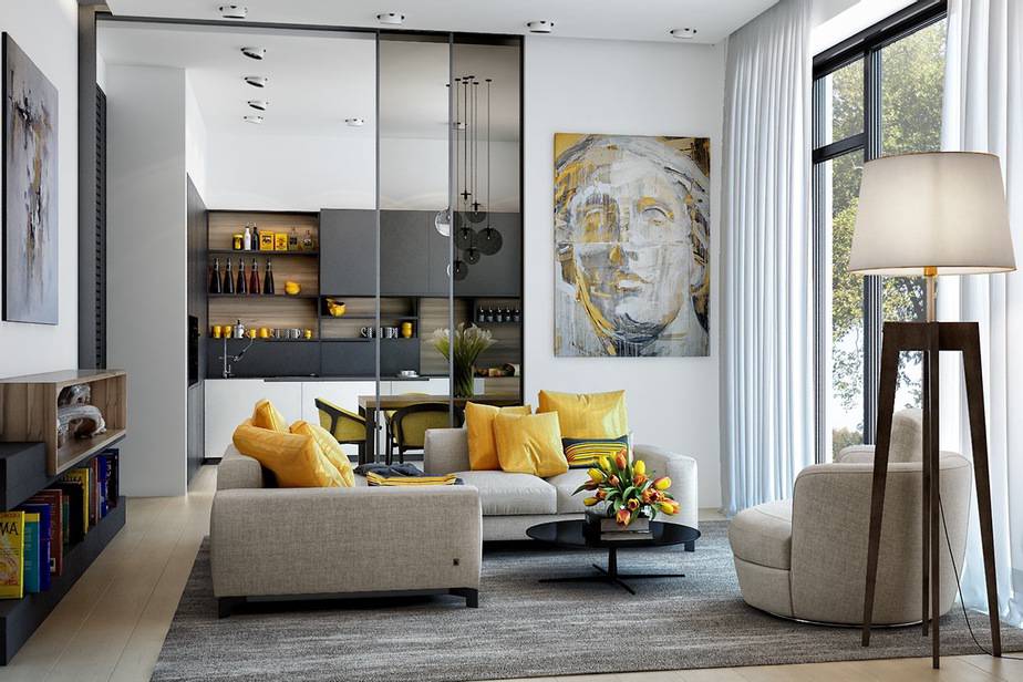 Free Feeling Grey and Yellow Living Room
