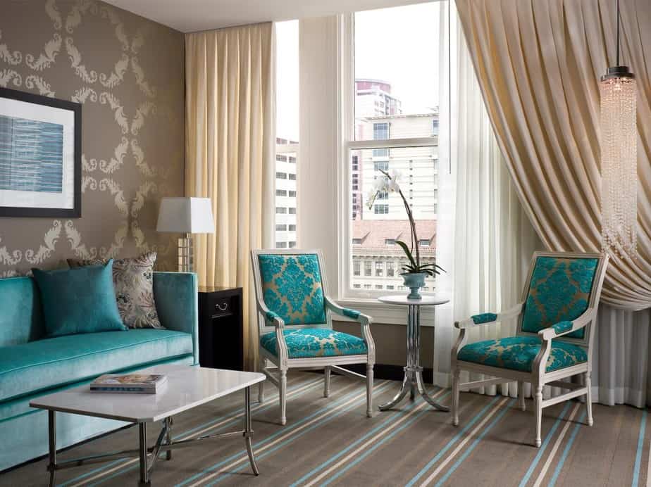 Elegant Living Room with Turquoise Accent Chairs