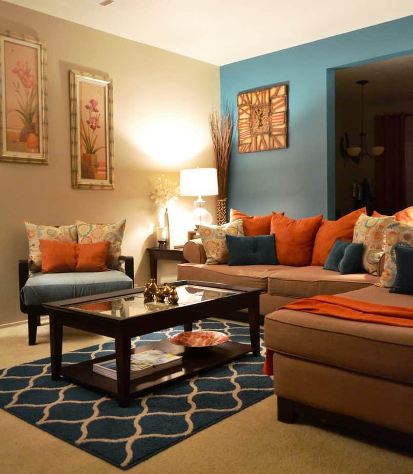 Vibrant Teal and Brown Living Room