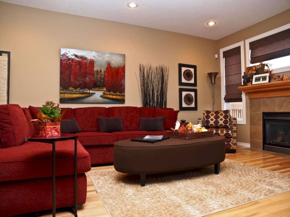 Cushy Red Sectional Couch Set in Warm Living Area