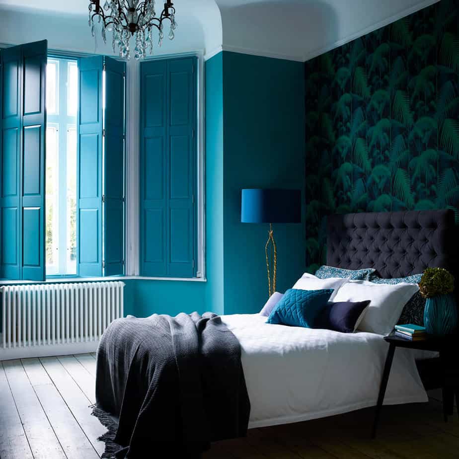 Blue Bedroom with Teal Wallpaper