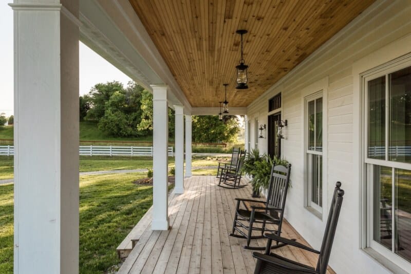 Farmhouse Porch Ceiling Ideas in light brown and white
