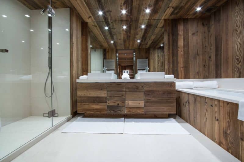 Wood Ceiling Ideas for Bathroom with dark mood