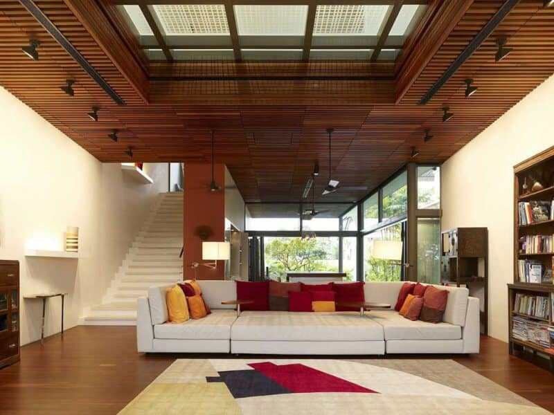 Wood Ceiling Ideas for Living Room with dramatic lamps