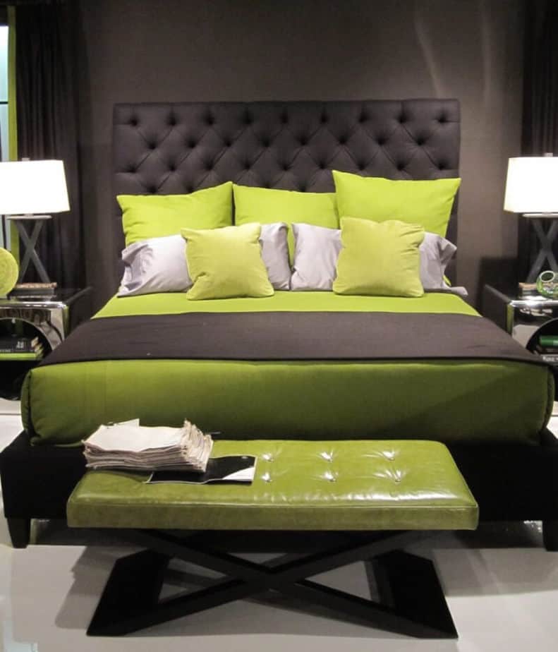Black Wooden Bed With Gray And Lime Green Bedding Set Also Bench In