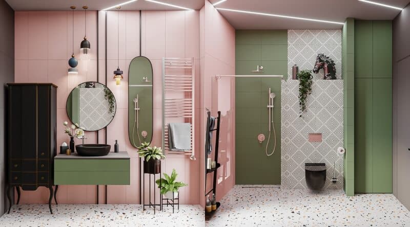 What Colors Go with Green in Bathroom with pink wall