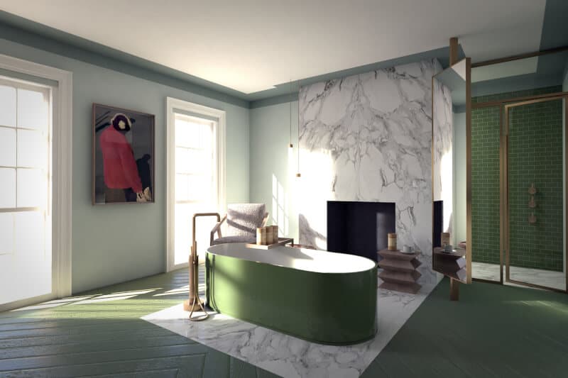 What Colors Go with Green in Bathroom with red painting