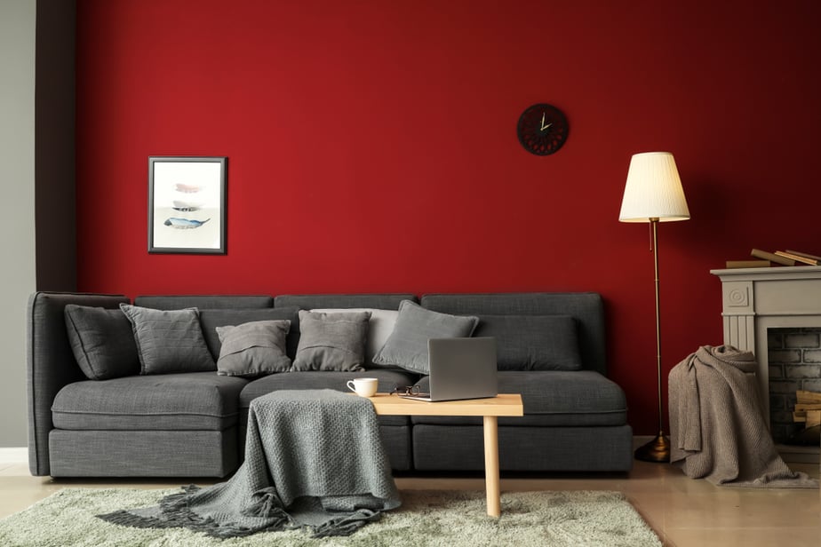 Grey Living Room With Red Wall