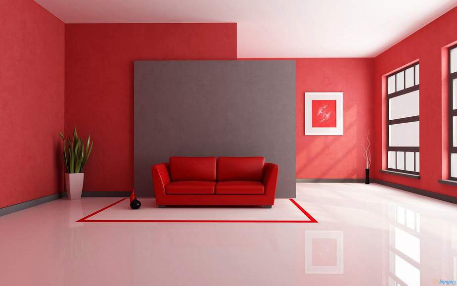 Bold Red, Bright Minimalist Living Room.