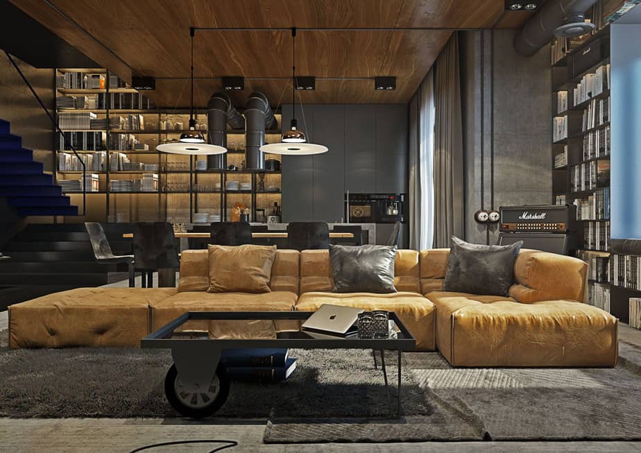 Industrial Living Room with Pendant Lightning. Source: greatideahub.com