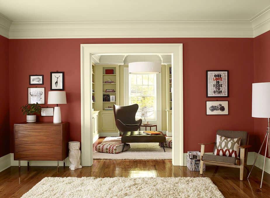 Dark Wood Floor in A Red Living Room
