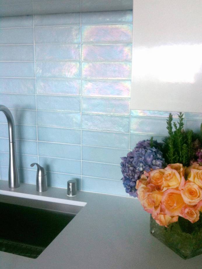 Soft Blue Glass Tile Kitchen Backsplash